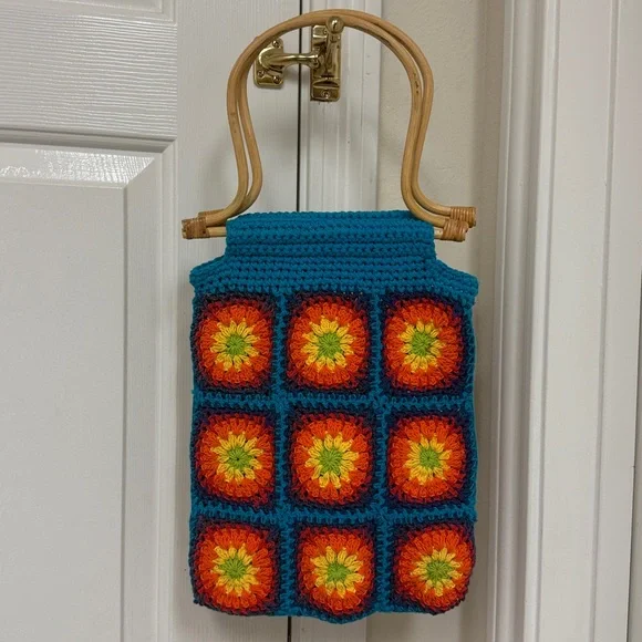 Colorful Crochet Bag with Wooden Handle - Picture 1 of 5